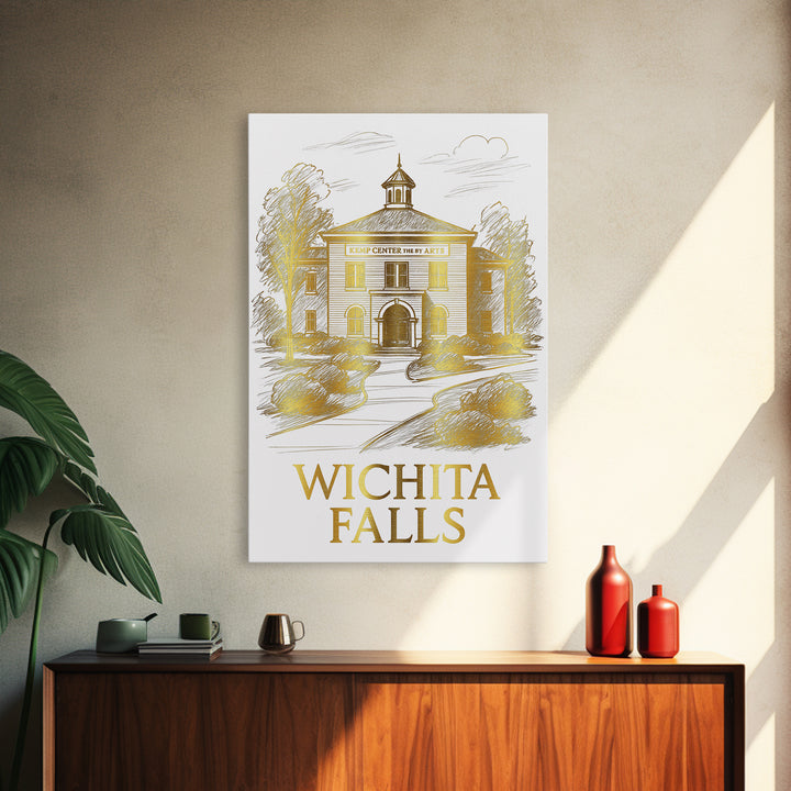 Wichita Falls Travel Poster, Framed Canvas Print, White And Gold Sketch Art, Wichita Falls City Art, Vintage City Art, Travel Wall Art