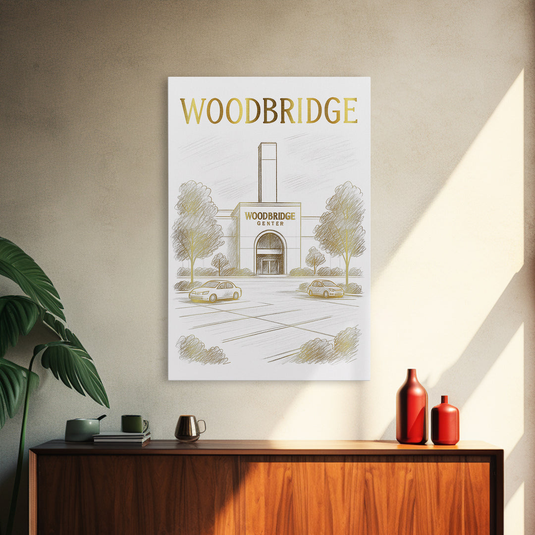 Woodbridge Virginia Travel Poster, Canvas Print, Gold Line Drawing Wall Art, Woodbridge Travel Art, Living Room Wall Art, Wanderlust Decor