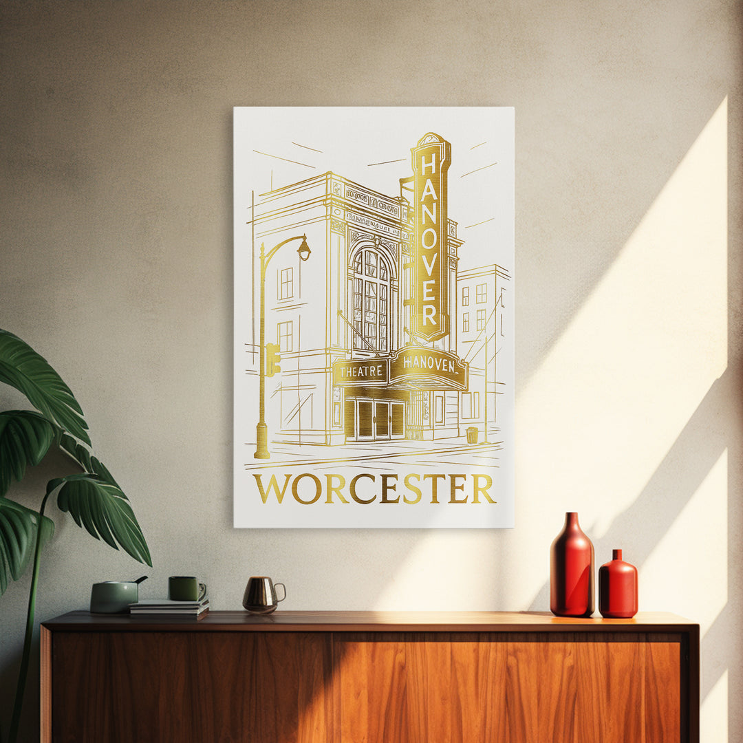 Worcester Travel Poster, Canvas Print, Gold Line Drawing Wall Art, Worcester Art Print, Travel Wall Art, Home Office Decor, Retro Poster