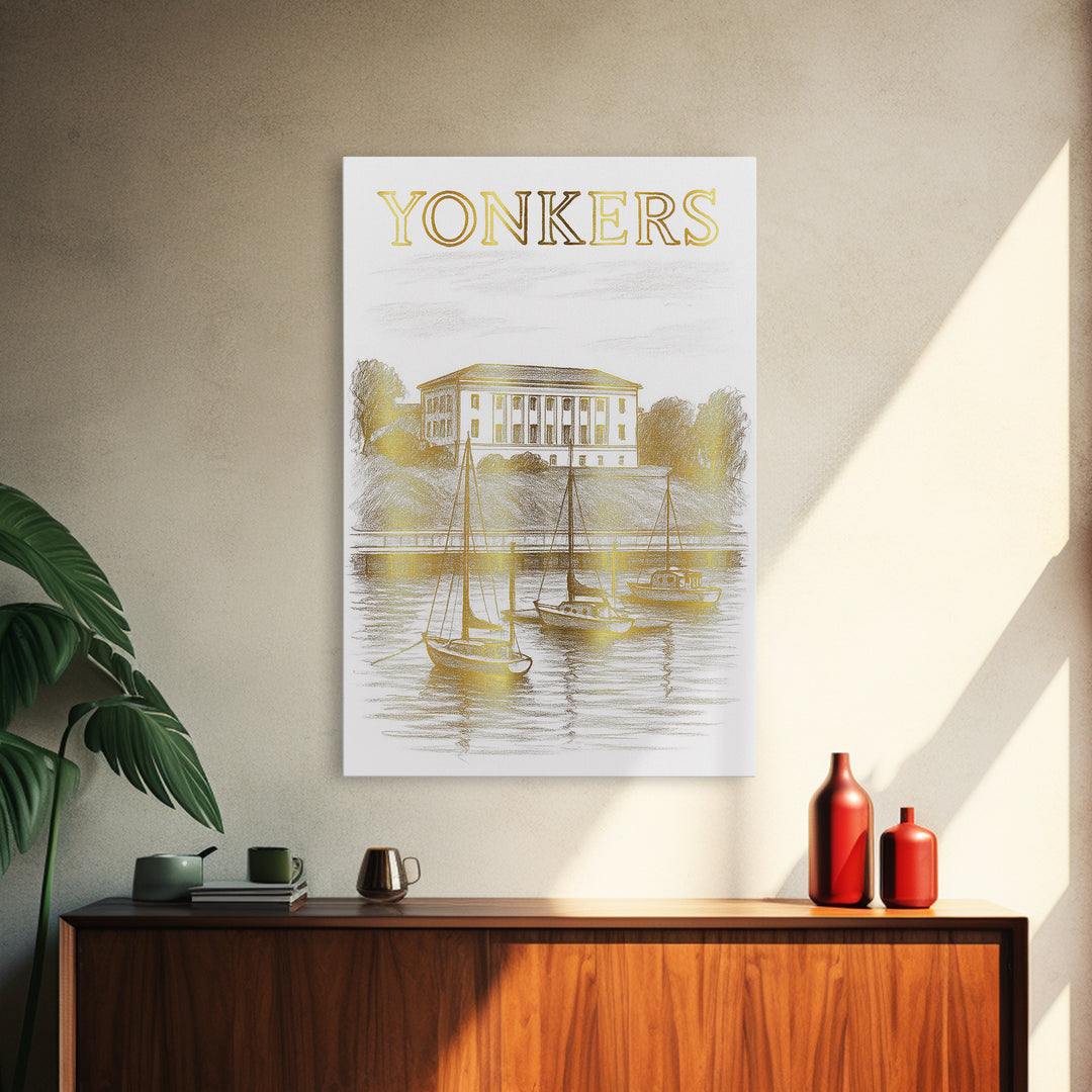 Yonkers New York Travel Poster, Canvas Print, White And Gold Sketch Art, Yonkers Travel Art, Travel Art, Travel Wall Art, City Travel Prints