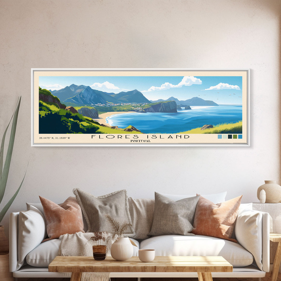 Flores Island, Portugal Panoramic Print, Vacation Gift, Portugal Wall Art, Beach Painting, Beach Decor, Large Wall Art, Wood Frame Art