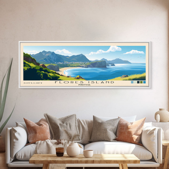Flores Island, Portugal Panoramic Print, Vacation Gift, Portugal Wall Art, Beach Painting, Beach Decor, Large Wall Art, Wood Frame Art