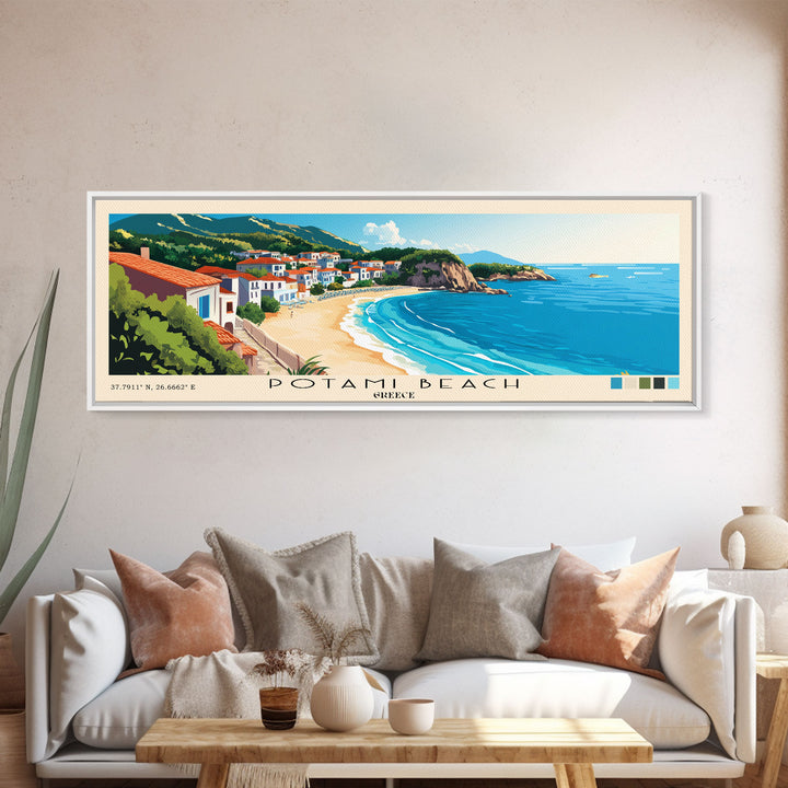Potami Beach, Greece Panoramic Beach Print, Vacation Gift, Greece Wall Art, Framed Canvas Print, Framed Beach Painting
