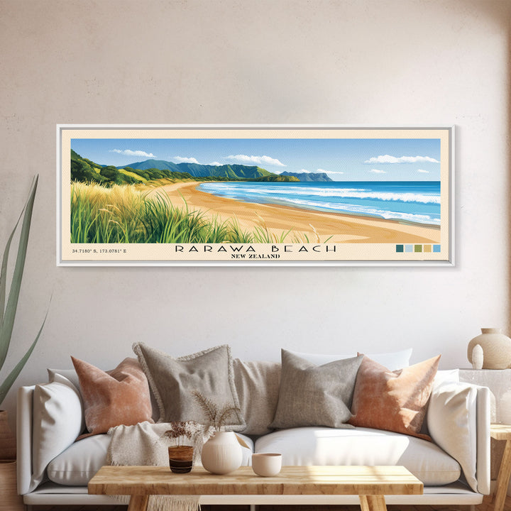 Rarawa Beach, New Zealand Panoramic Print, Vacation Gift, New Zealand Wall Art, Beach Painting, Beach Decor, Beach Or Lakehouse Art
