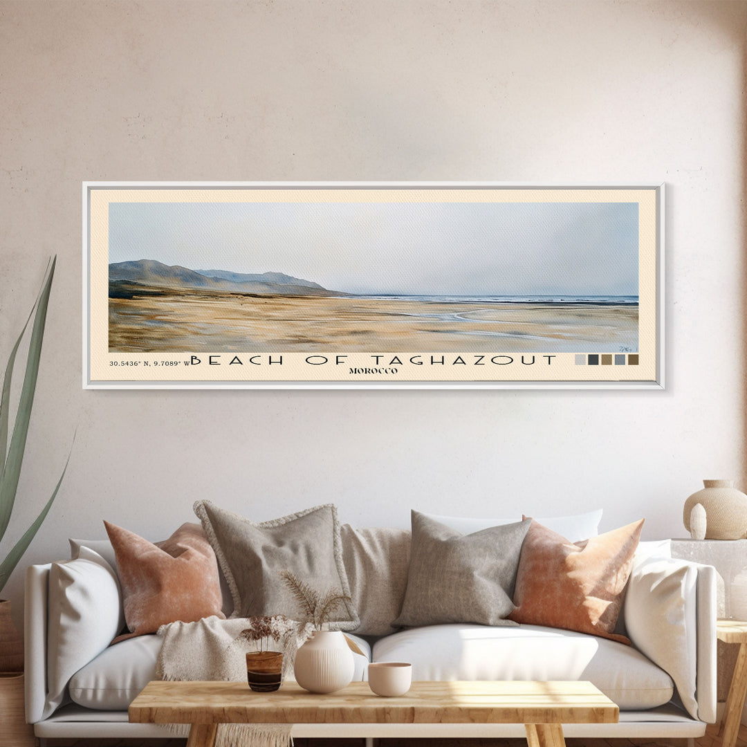 Beach of Taghazout, Morocco Watercolor Beach Print, Vacation Gift, Morocco Wall Art, Framed Canvas Print, Framed Beach Painting