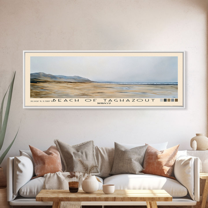 Beach of Taghazout, Morocco Watercolor Beach Print, Vacation Gift, Morocco Wall Art, Framed Canvas Print, Framed Beach Painting