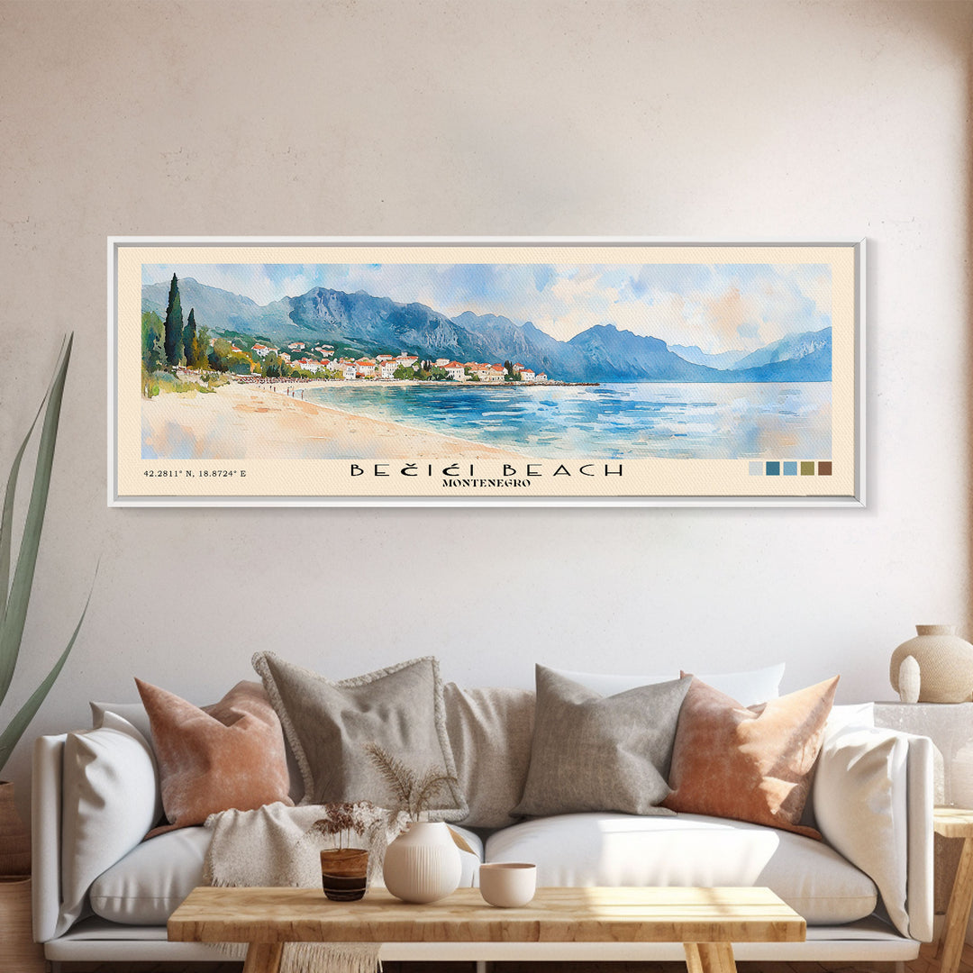 Bečići Beach, Montenegro Watercolor Print, Vacation Gift, Montenegro Wall Art, Beach Painting, Beach Decor, Large Wall Art, Wood Frame Art