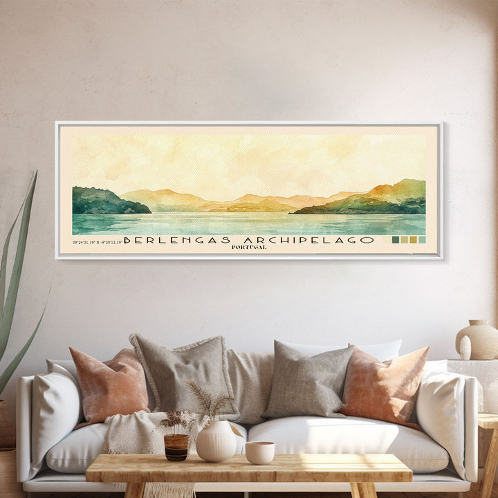Berlengas Archipelago, Portugal Watercolor Print, Vacation Gift, Portugal Wall Art, Beach Painting, Beach Decor, Large Wall Art, Wood Frame Art