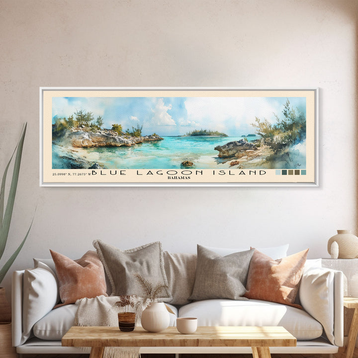 Blue Lagoon Island, Bahamas Watercolor Print, Vacation Gift, Bahamas Wall Art, Beach Painting, Beach Decor, Large Wall Art, Wood Frame Art