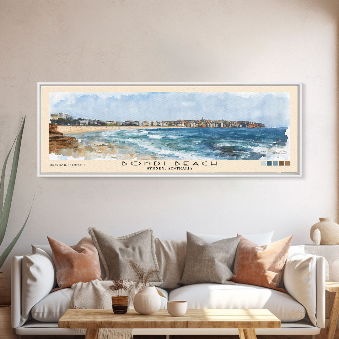 Bondi Beach, Sydney, Australia Watercolor Print, Vacation Gift, Sydney, Australia Wall Art, Beach Painting, Beach Decor, Large Wall Art, Wood Frame Art