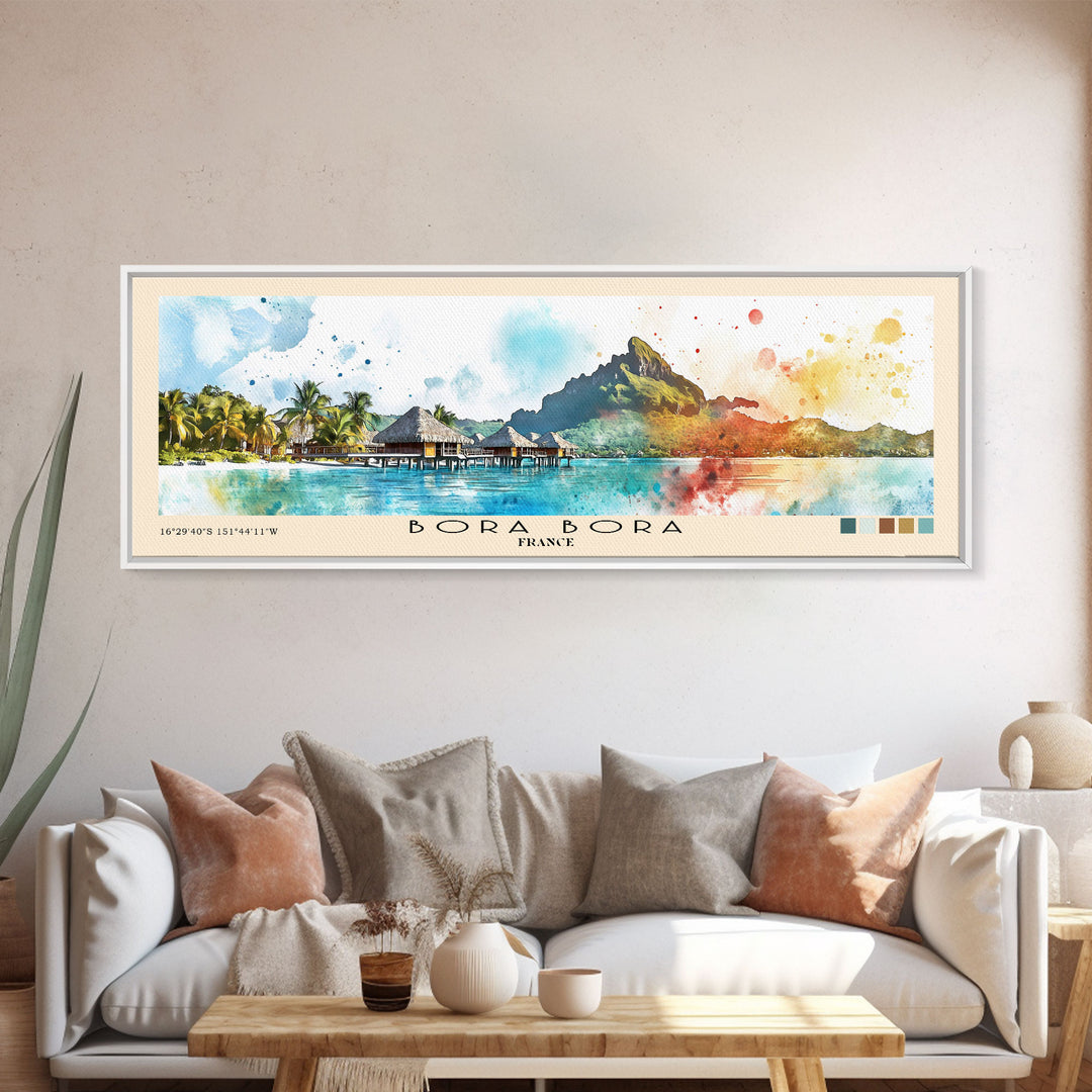 Bora Bora, France Watercolor Beach Print, Vacation Gift, France Wall Art, Framed Canvas Print, Framed Beach Painting