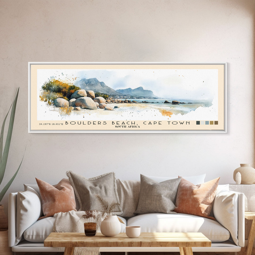 Boulders Beach, Cape Town, South Africa Watercolor Print, Vacation Gift, South Africa Wall Art, Beach Painting, Beach Decor, Large Wall Art, Wood Frame Art