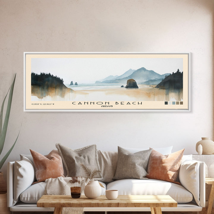 Cannon Beach, Oregon Watercolor Beach Print, Vacation Gift, Oregon Wall Art, Framed Canvas Print, Framed Beach Painting