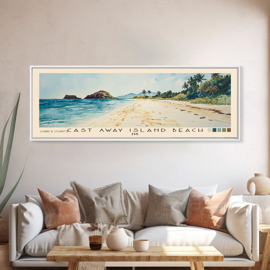 Cast Away Island Beach, Fiji Watercolor Print, Vacation Gift, Fiji Wall Art, Beach Painting, Beach Decor, Large Wall Art, Wood Frame Art