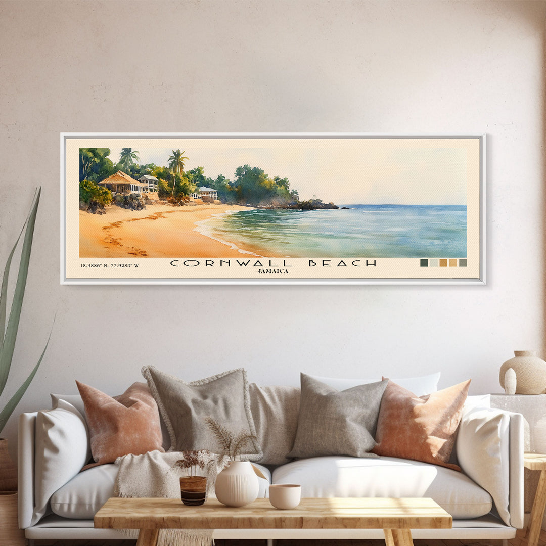 Cornwall Beach, Jamaica Watercolor Beach Print, Vacation Gift, Jamaica Wall Art, Framed Canvas Print, Framed Beach Painting