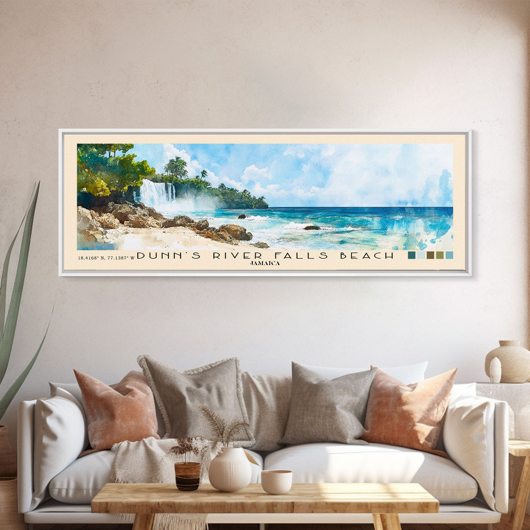 Dunn’s River Falls Beach, Jamaica Watercolor Print, Vacation Gift, Jamaica Wall Art, Beach Painting, Beach Decor, Large Wall Art, Wood Frame Art