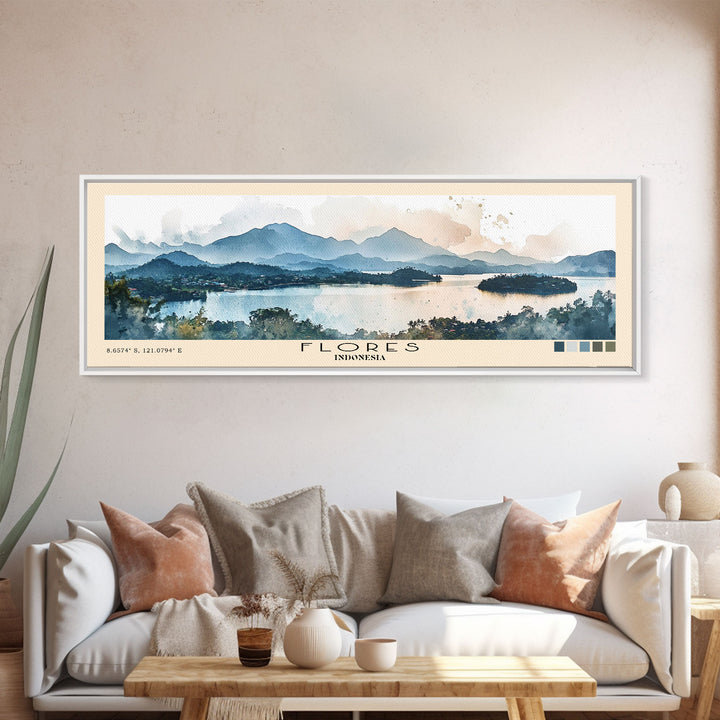 Flores, Indonesia Watercolor Print, Vacation Gift, Indonesia Wall Art, Beach Painting, Beach Decor, Large Wall Art, Wood Frame Art