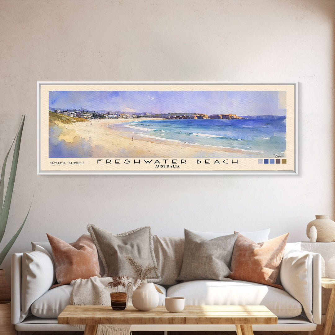 Freshwater Beach, Australia Watercolor Beach Print, Vacation Gift, Australia Wall Art, Framed Canvas Print, Framed Beach Painting