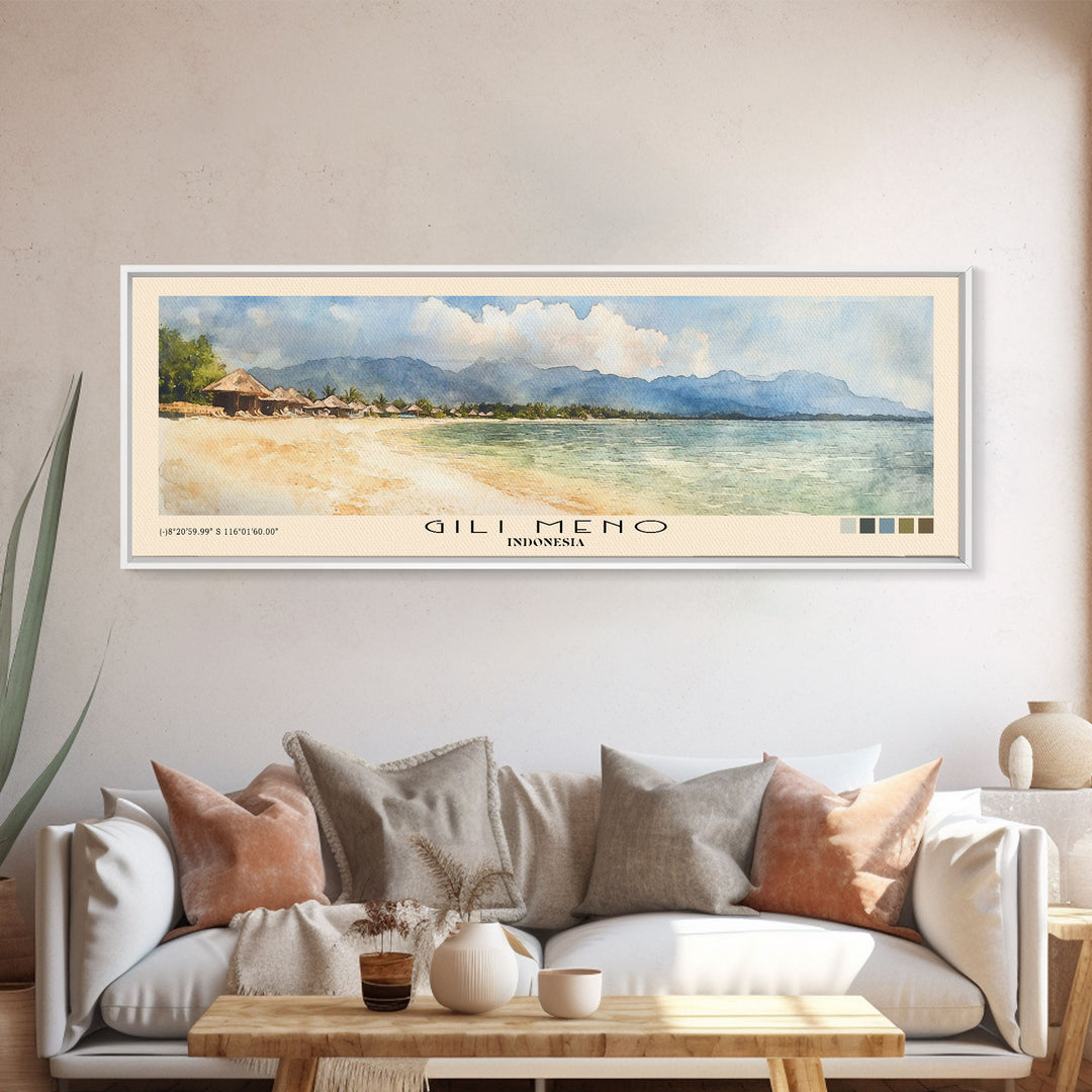 Gili Meno, Indonesia Watercolor Print, Vacation Gift, Indonesia Wall Art, Beach Painting, Beach Decor, Large Wall Art, Wood Frame Art