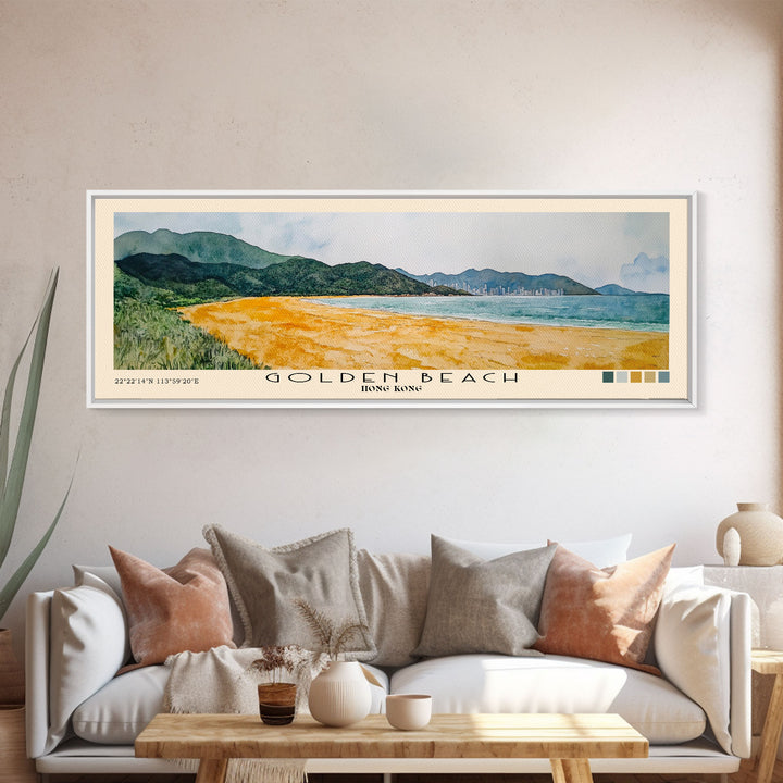 Golden Beach, Hong Kong Watercolor Print, Vacation Gift, Hong Kong Wall Art, Beach Painting, Beach Decor, Large Wall Art, Wood Frame Art