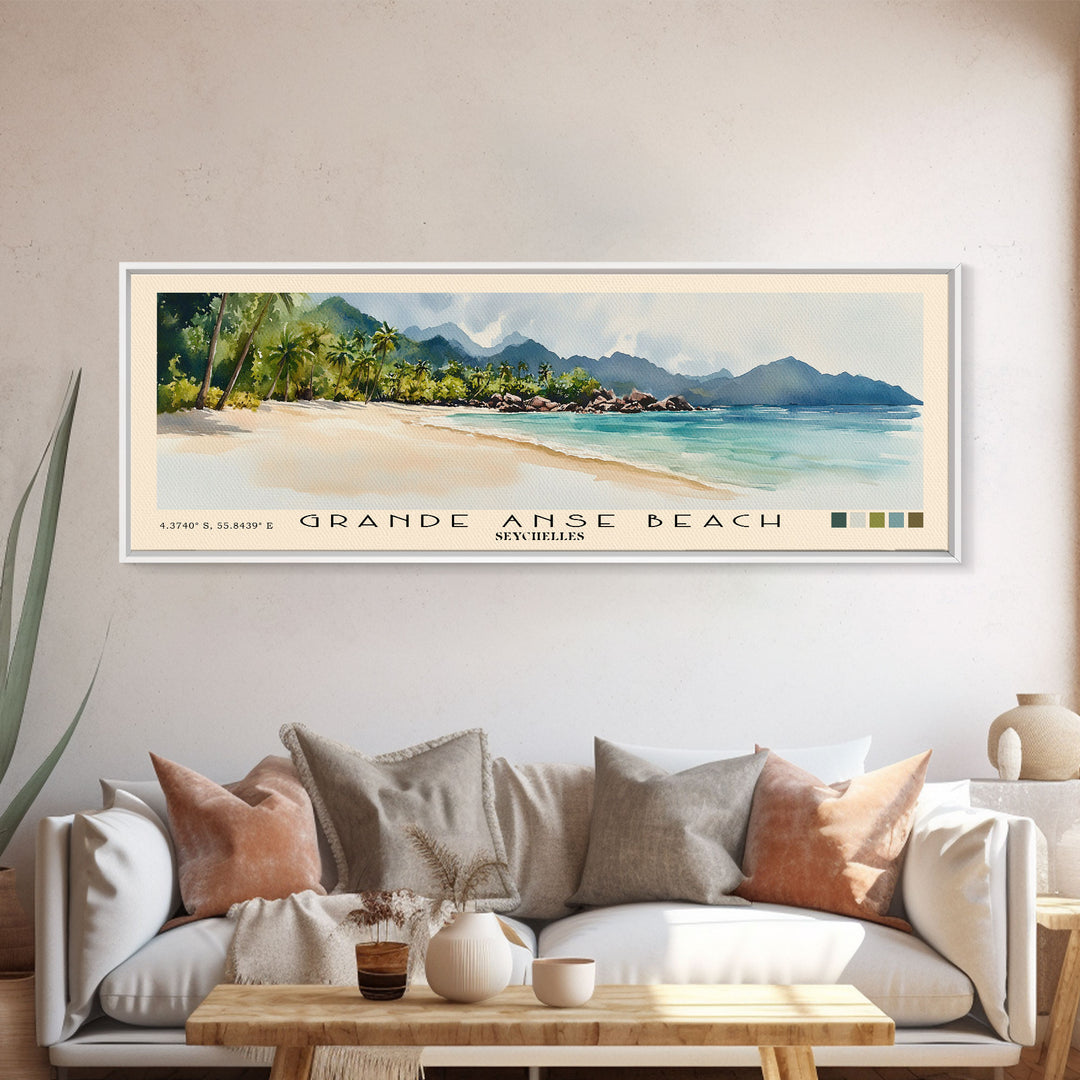 Grande Anse Beach, Seychelles Watercolor Print, Vacation Gift, Seychelles Wall Art, Beach Painting, Beach Decor, Large Wall Art, Wood Frame Art