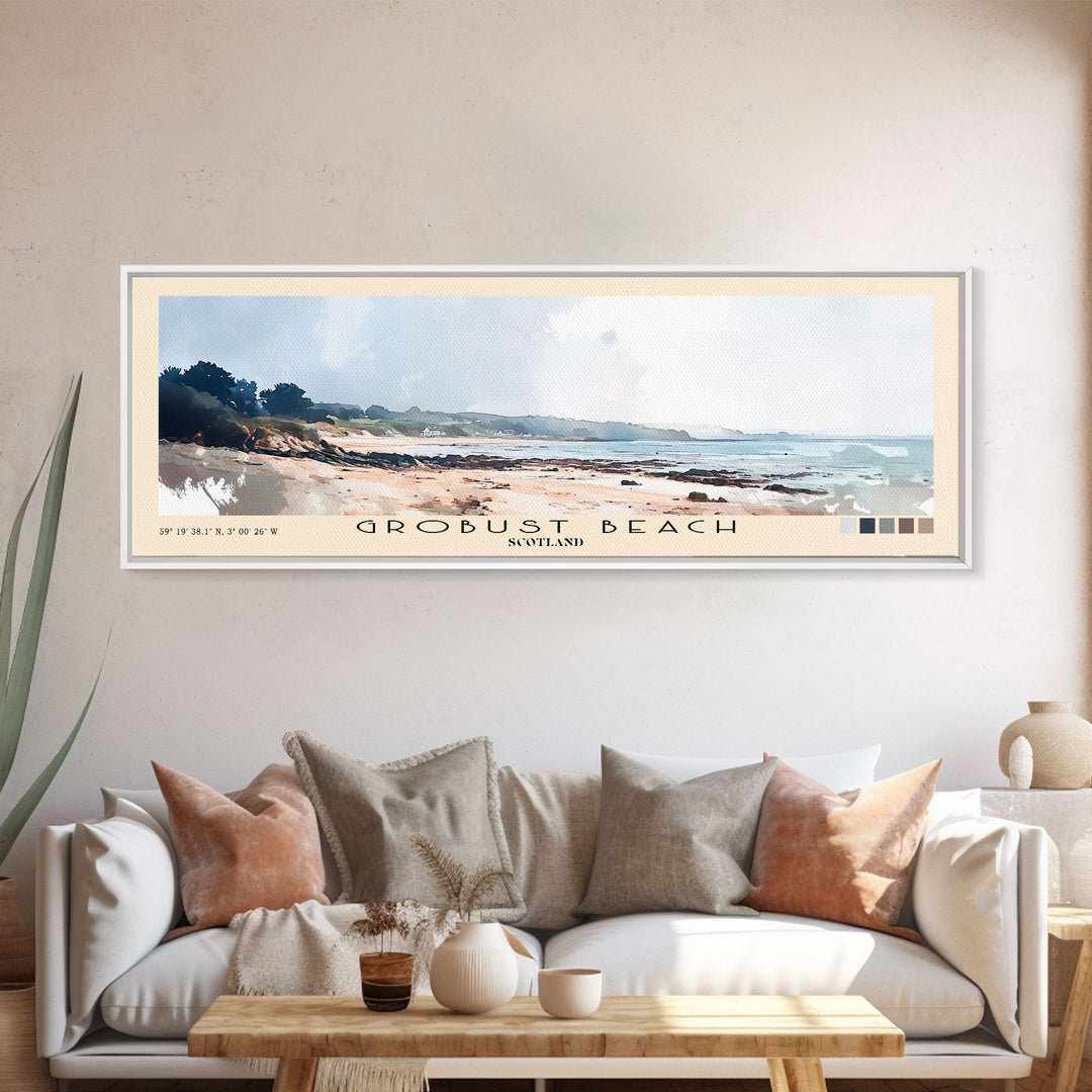 Grobust beach, Scotland Watercolor Print, Vacation Gift, Scotland Wall Art, Beach Painting, Beach Decor, Large Wall Art, Wood Frame Art