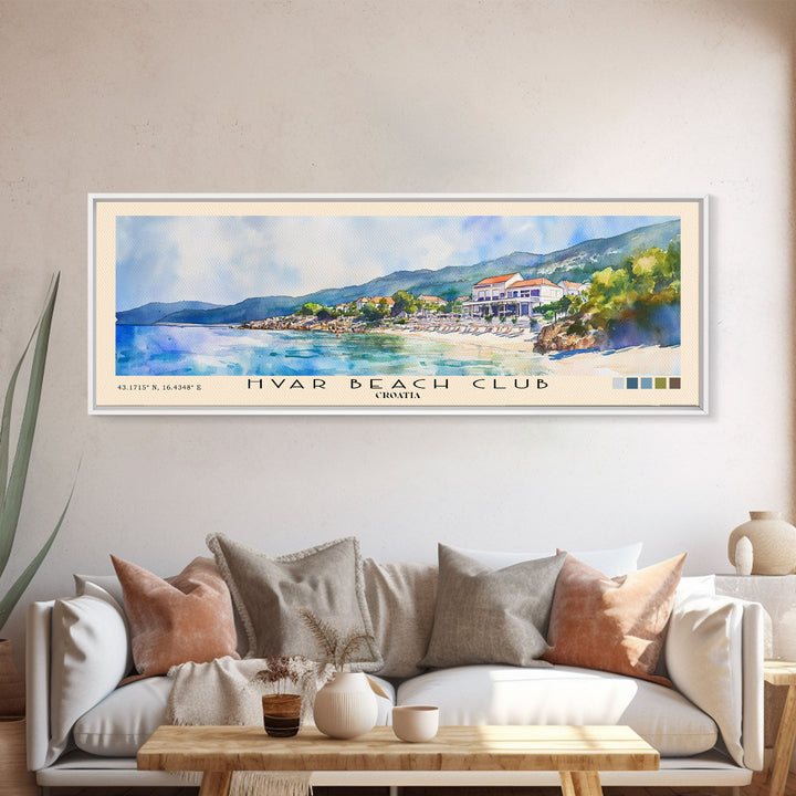 Hvar Beach Club, Croatia Watercolor Print, Vacation Gift, Croatia Wall Art, Beach Painting, Beach Decor, Large Wall Art, Wood Frame Art