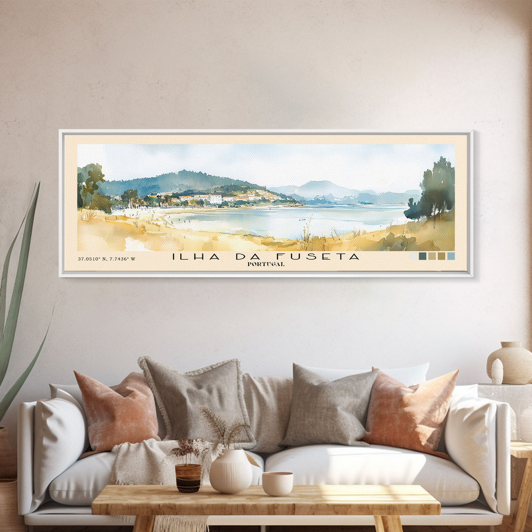 Ilha da Fuseta, Portugal Watercolor Beach Print, Vacation Gift, Portugal Wall Art, Framed Canvas Print, Framed Beach Painting