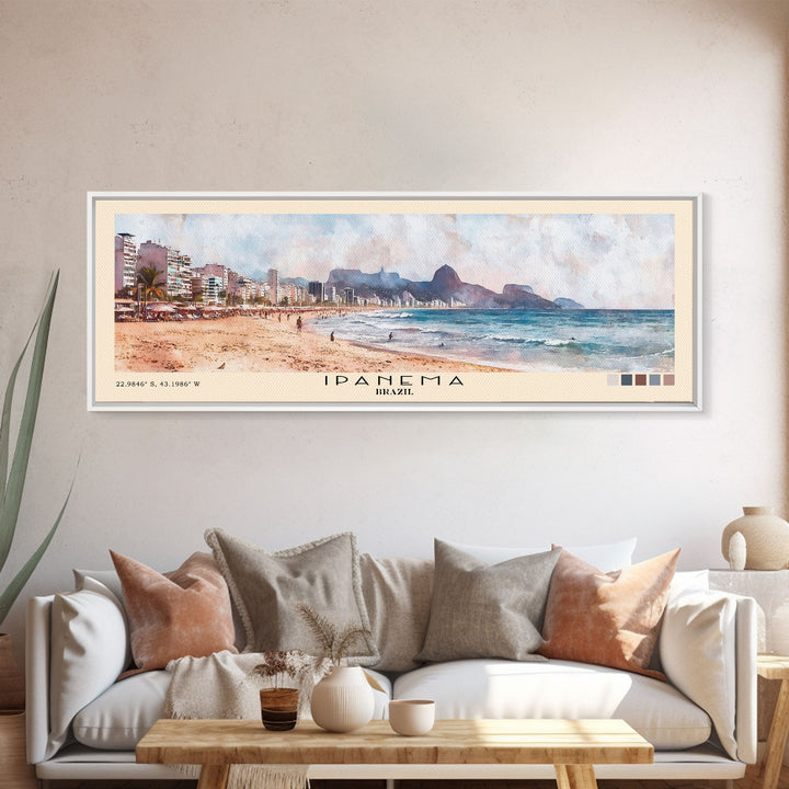 Ipanema, Brazil Watercolor Print, Vacation Gift, Brazil Wall Art, Beach Painting, Beach Decor, Large Wall Art, Wood Frame Art