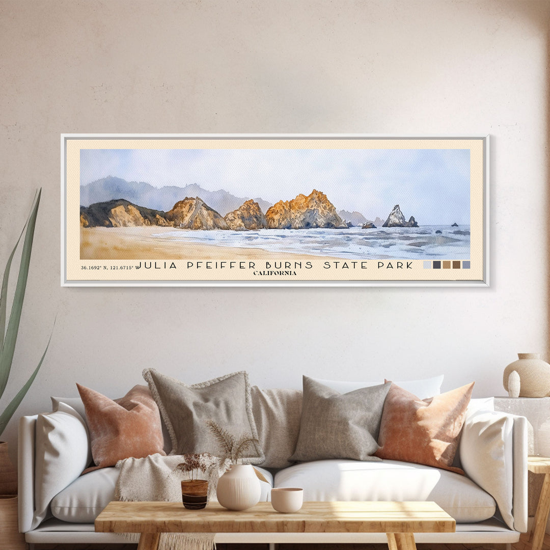 Julia Pfeiffer Burns State Park, California Watercolor Beach Print, Vacation Gift, California Wall Art, Framed Canvas Print, Framed Beach Painting