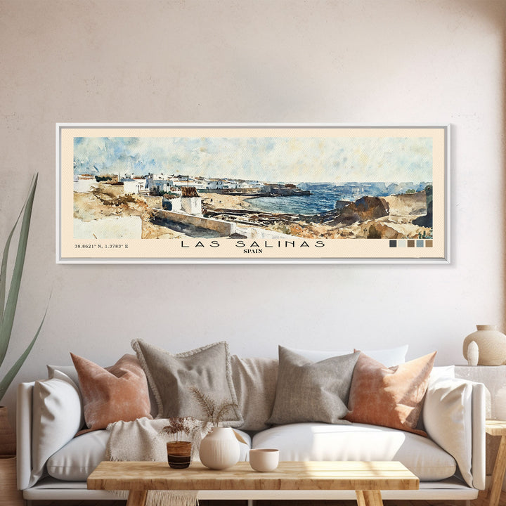 Las Salinas, Spain Watercolor Print, Vacation Gift, Spain Wall Art, Beach Painting, Beach Decor, Large Wall Art, Wood Frame Art