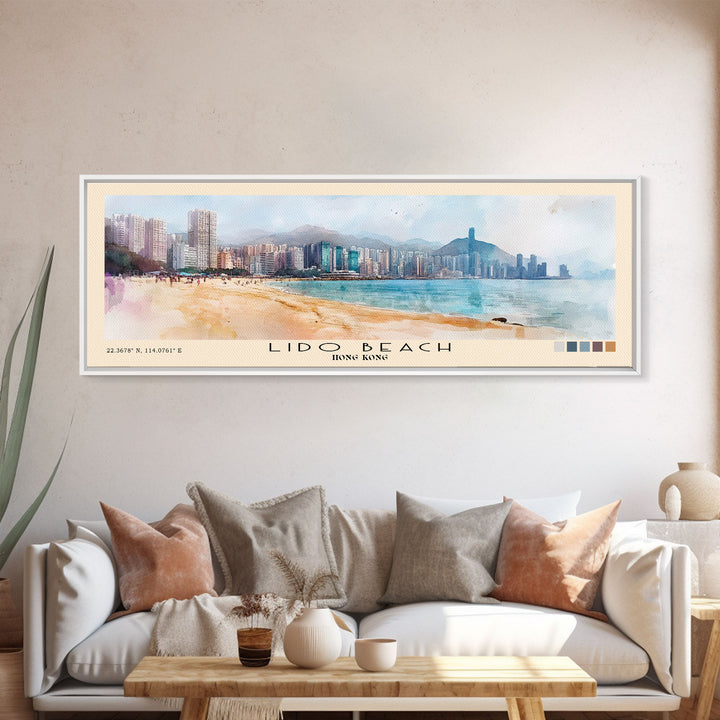 Lido Beach, Hong Kong Watercolor Print, Vacation Gift, Hong Kong Wall Art, Beach Painting, Beach Decor, Large Wall Art, Wood Frame Art