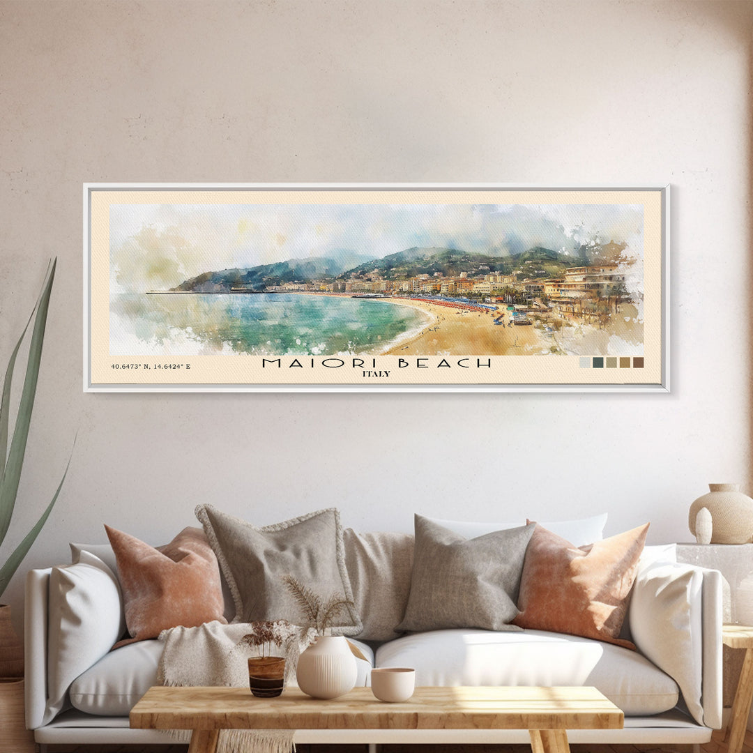 Maiori Beach, Italy Watercolor Print, Vacation Gift, Italy Wall Art, Beach Painting, Beach Decor, Large Wall Art, Wood Frame Art