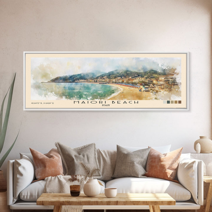Maiori Beach, Italy Watercolor Print, Vacation Gift, Italy Wall Art, Beach Painting, Beach Decor, Large Wall Art, Wood Frame Art