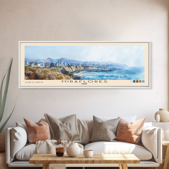 Miraflores, Peru Watercolor Print, Vacation Gift, Peru Wall Art, Beach Painting, Beach Decor, Large Wall Art, Wood Frame Art