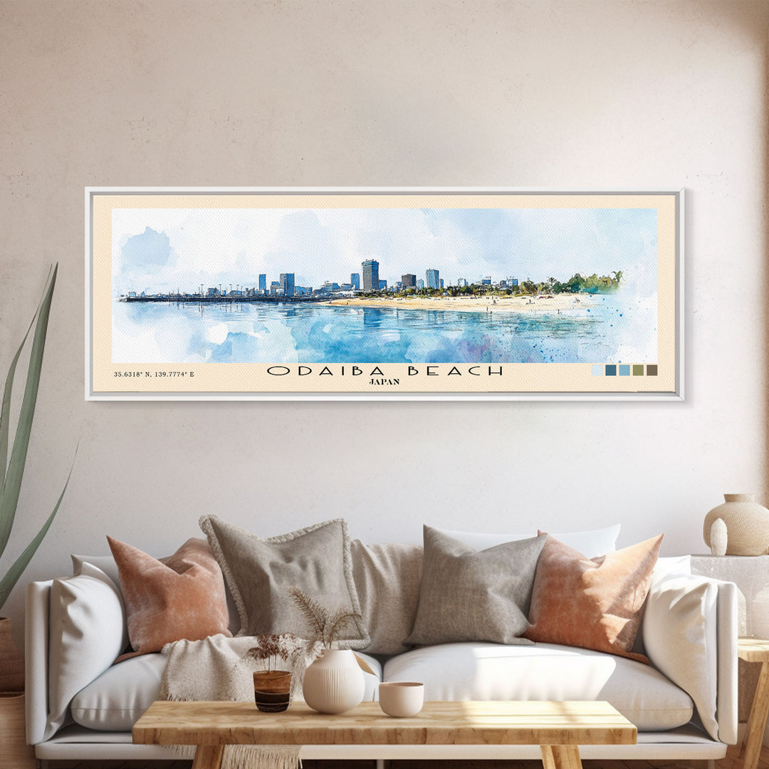 Odaiba Beach, Japan Watercolor Print, Vacation Gift, Japan Wall Art, Beach Painting, Beach Decor, Beach Or Lakehouse Art