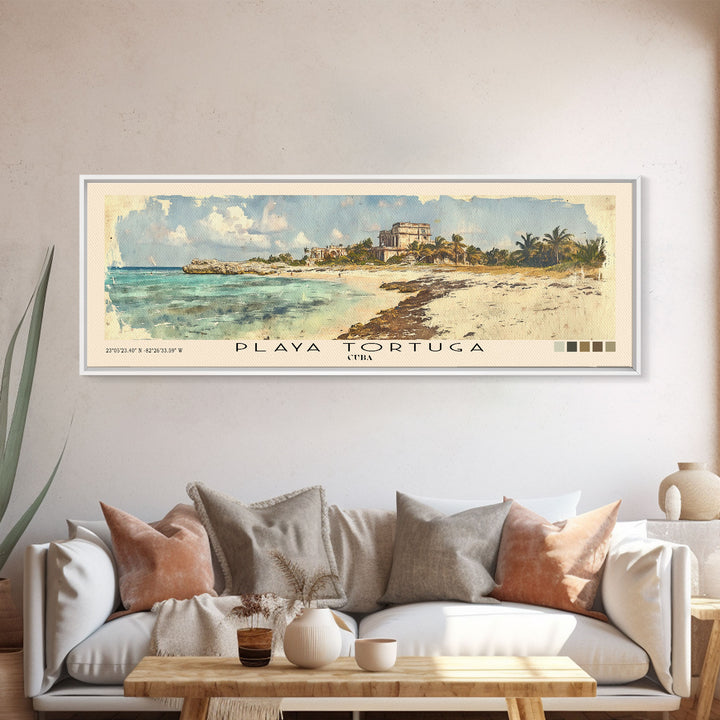 Playa Tortuga, Cuba Watercolor Beach Print, Vacation Gift, Cuba Wall Art, Framed Canvas Print, Framed Beach Painting
