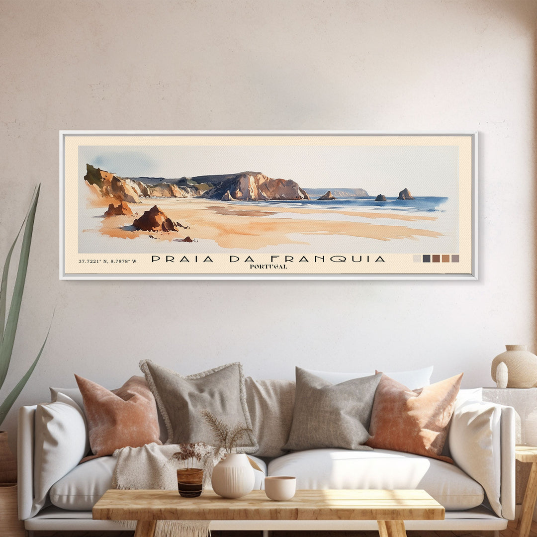 Praia da Franquia, Portugal Watercolor Print, Vacation Gift, Portugal Wall Art, Beach Painting, Beach Decor, Large Wall Art, Wood Frame Art