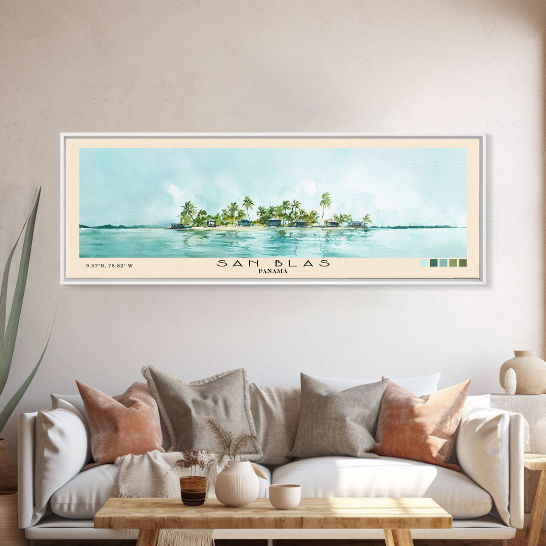 San Blas, Panamá Watercolor Beach Print, Vacation Gift, Panamá Wall Art, Framed Canvas Print, Framed Beach Painting