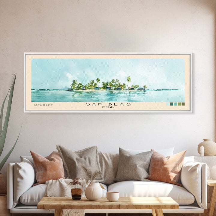 San Blas, Panamá Watercolor Beach Print, Vacation Gift, Panamá Wall Art, Framed Canvas Print, Framed Beach Painting