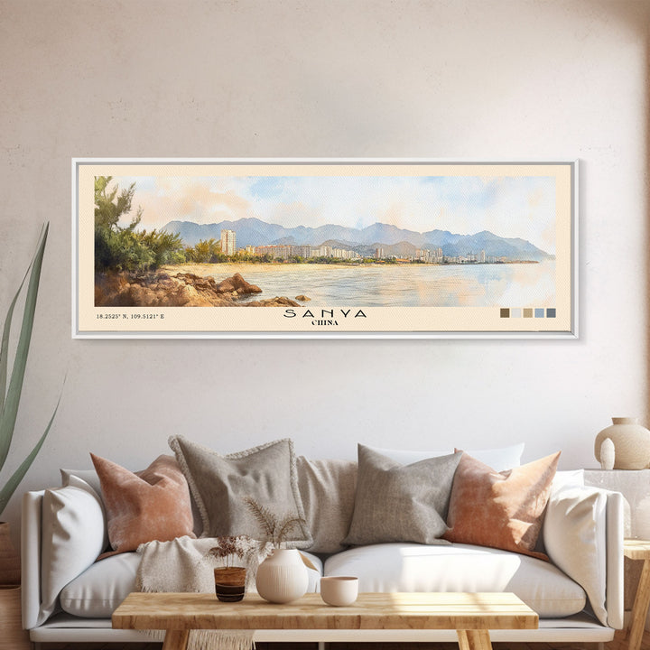 Sanya, China Watercolor Print, Vacation Gift, China Wall Art, Beach Painting, Beach Decor, Large Wall Art, Wood Frame Art