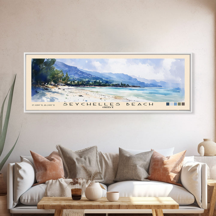 Seychelles Beach, Greece Watercolor Print, Vacation Gift, Greece Wall Art, Beach Painting, Beach Decor, Beach Or Lakehouse Art