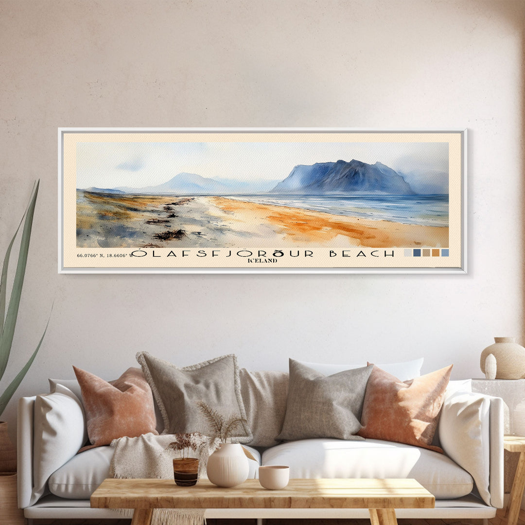 Ólafsfjörður Beach, Iceland Watercolor Print, Vacation Gift, Iceland Wall Art, Beach Painting, Beach Decor, Large Wall Art, Wood Frame Art