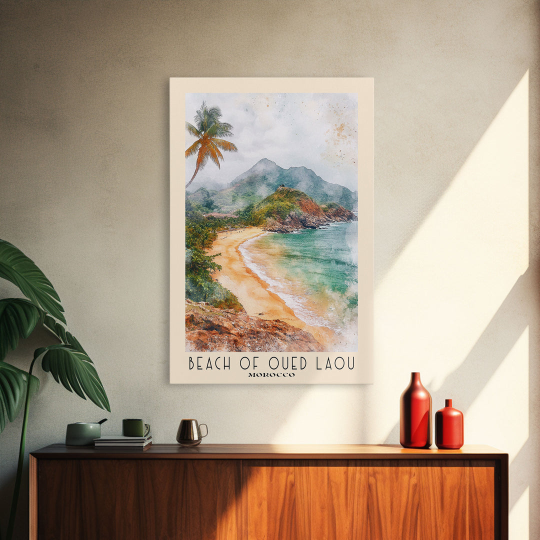 Beach of Oued Laou, Morocco Watercolor Print, Vacation Gift, Morocco Wall Art, Beach Painting, Beach Decor, Large Wall Art, Wood Frame Art