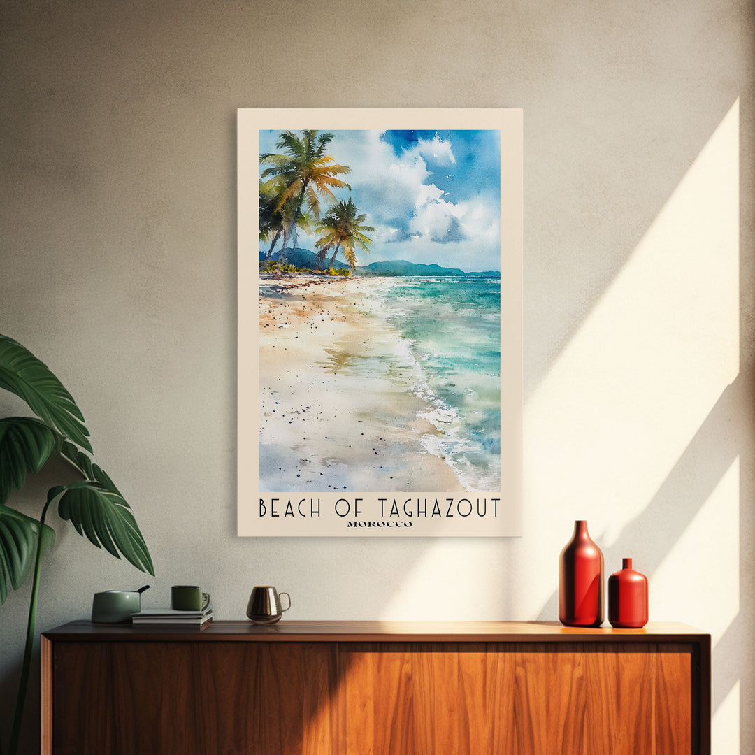 Beach of Taghazout, Morocco Watercolor Beach Print, Vacation Gift, Morocco Wall Art, Framed Canvas Print, Framed Beach Painting