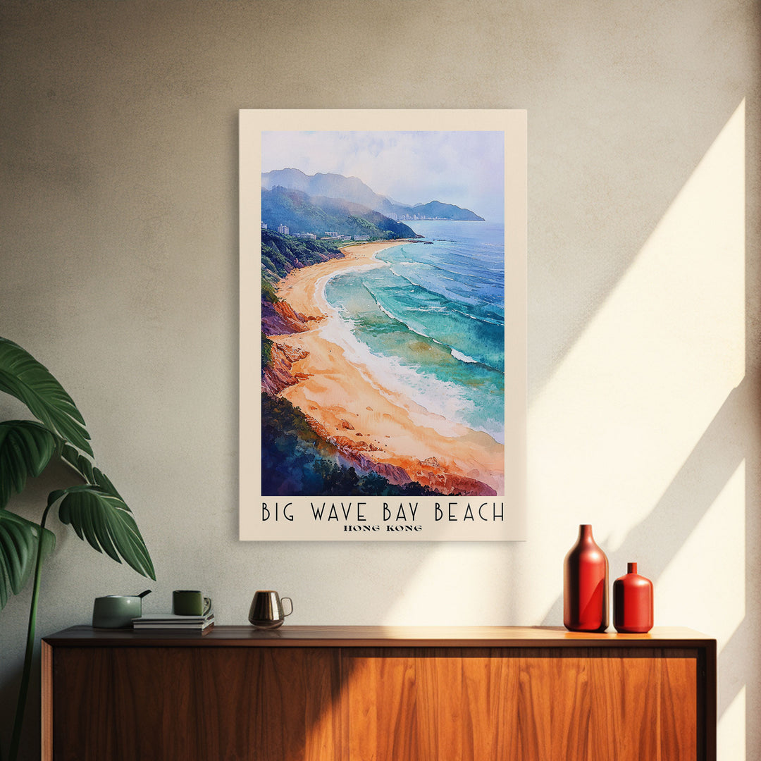 Big Wave Bay Beach, Hong Kong Watercolor Print, Vacation Gift, Hong Kong Wall Art, Beach Painting, Beach Decor, Large Wall Art, Wood Frame Art
