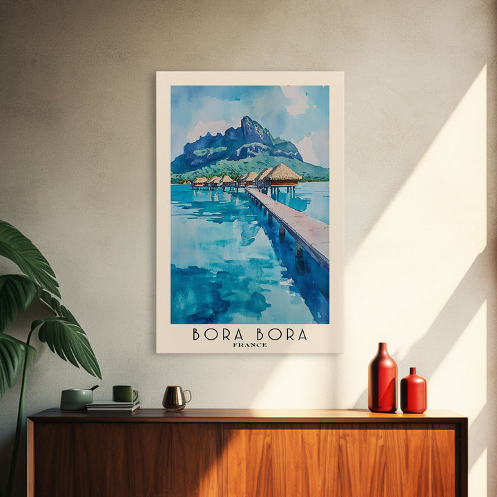 Bora Bora, France Watercolor Beach Print, Vacation Gift, France Wall Art, Framed Canvas Print, Framed Beach Painting