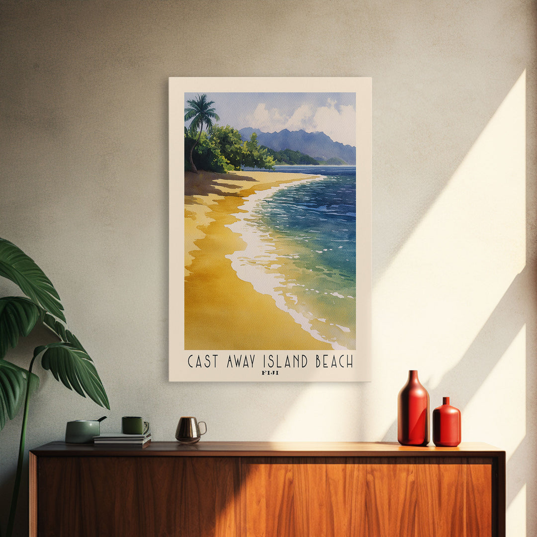 Cast Away Island Beach, Fiji Watercolor Print, Vacation Gift, Fiji Wall Art, Beach Painting, Beach Decor, Large Wall Art, Wood Frame Art