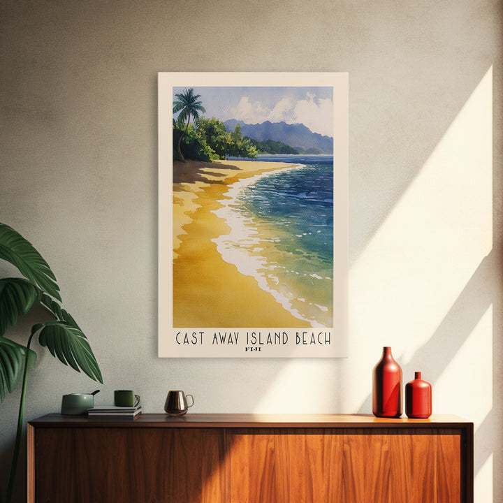 Cast Away Island Beach, Fiji Watercolor Print, Vacation Gift, Fiji Wall Art, Beach Painting, Beach Decor, Large Wall Art, Wood Frame Art