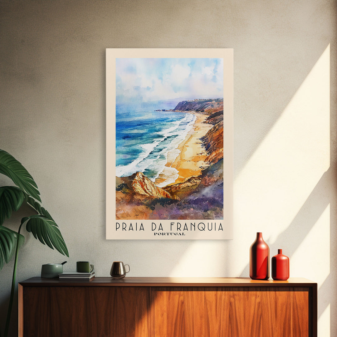 Praia da Franquia, Portugal Watercolor Print, Vacation Gift, Portugal Wall Art, Beach Painting, Beach Decor, Large Wall Art, Wood Frame Art